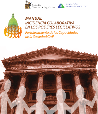 La tapa del manual muestra una foto de edificio con columnas, representando el Congreso y tiene superpuestas siluetas de personas de la mano rodeándolo.